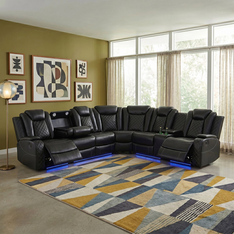 Ivy Bronx Black Breathing Leather Electric Sectional Recliner Sofa